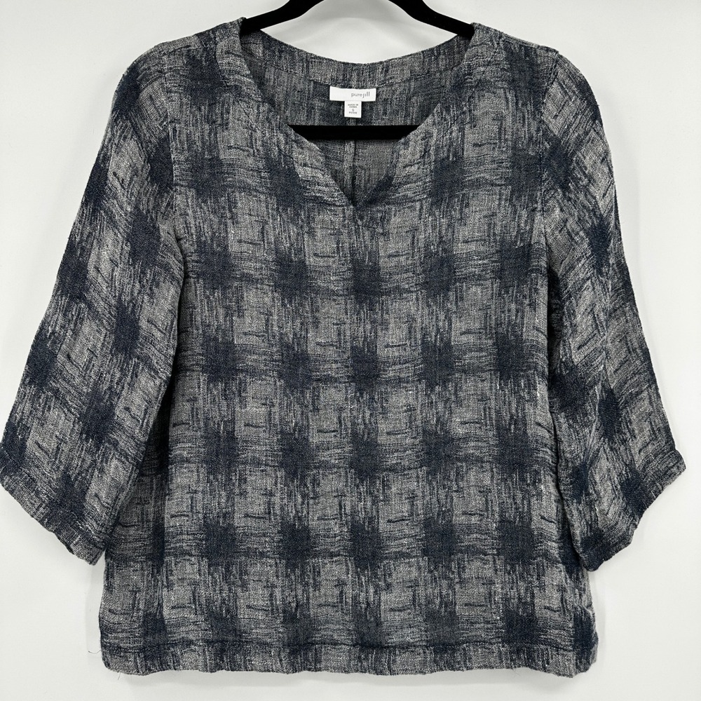 Pure Jill Womens Small Petite Linen Blend Ikat Print Split V-Neck Blouse Navy